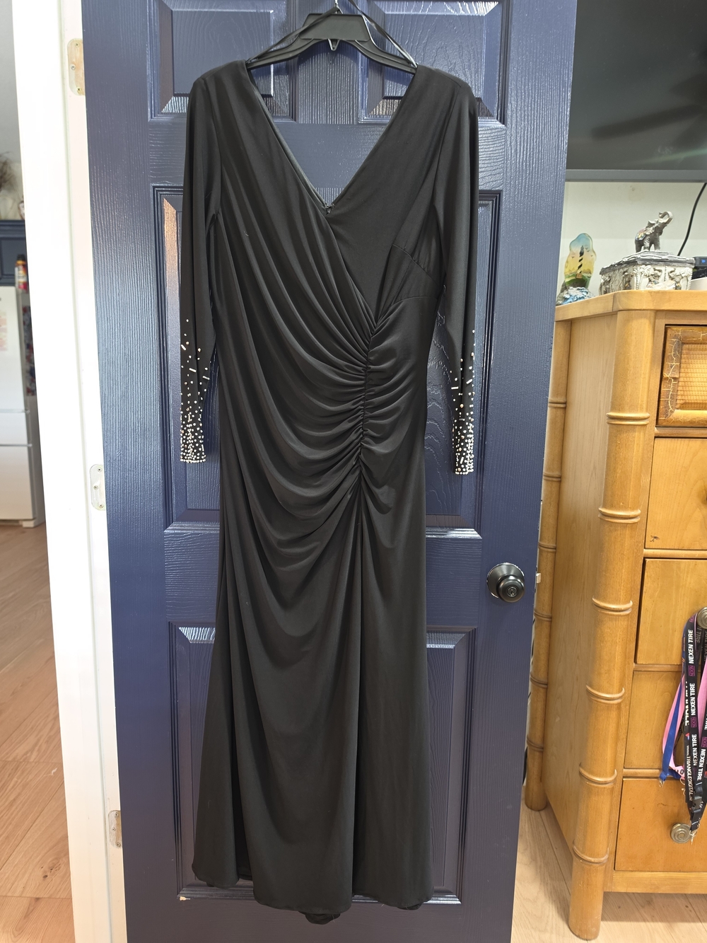 Xscape Black Long Sleeve Ruched Evening Gown with Embellished Cuffs - Picture 4 of 5